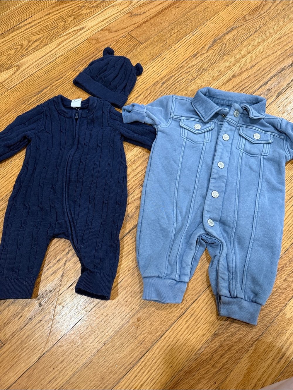 Baby Gap 0-3 Navy Cable-Knit One-Piece with Bear Hat  Button-Up One-Piece